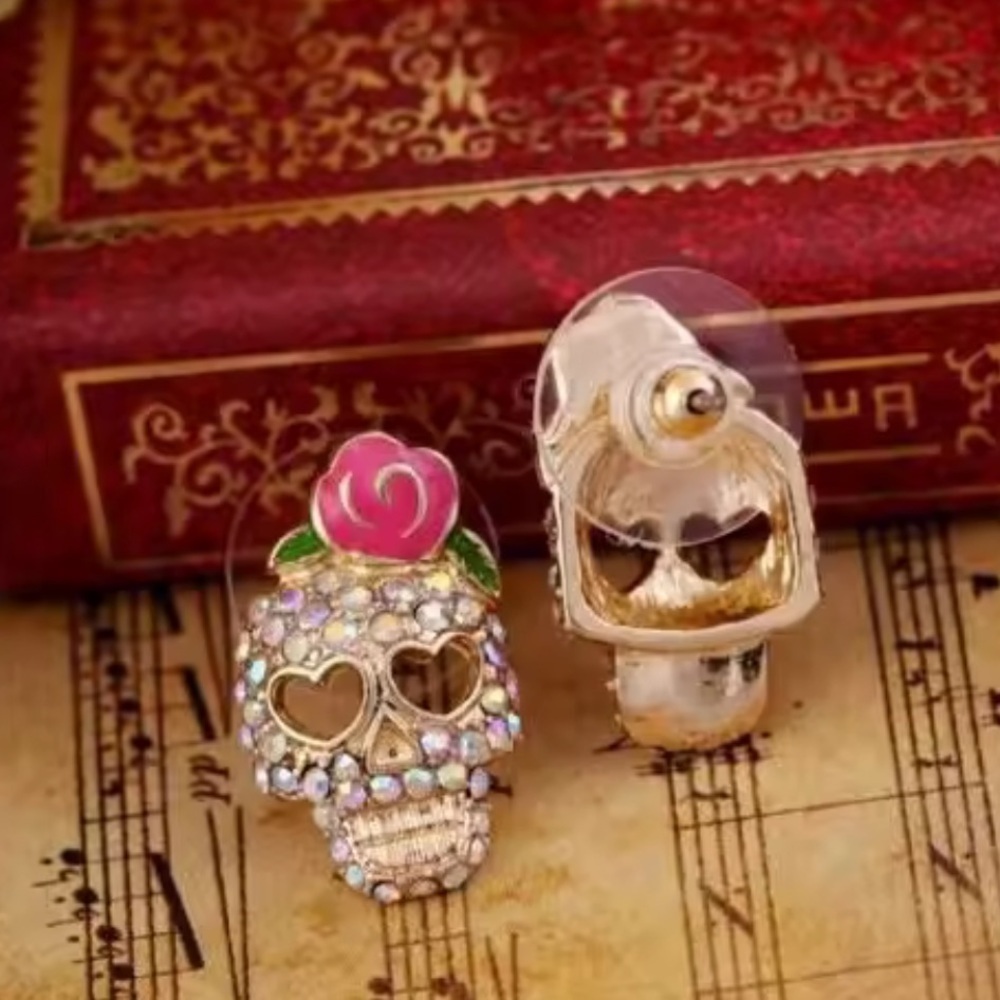 Halloween Skeleton Gold Crystal Earrings - Picture 4 of 13